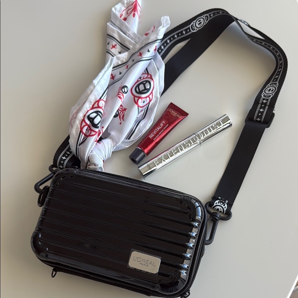 LOREAL PARIS WOMENS Crossbody Bag, scarf, mascara and eye bag eraser bundle